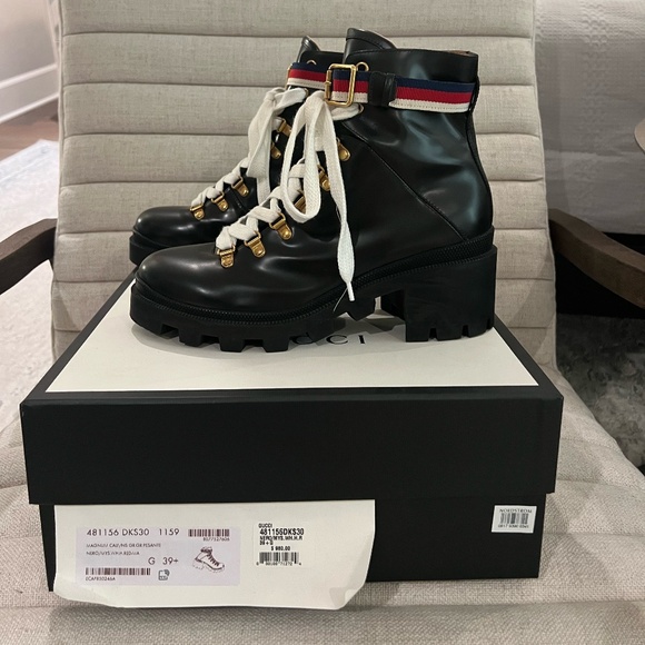 Authentic Gucci Sylvie Web Leather Bootie, Sz 39.5 - Picture 2 of 10